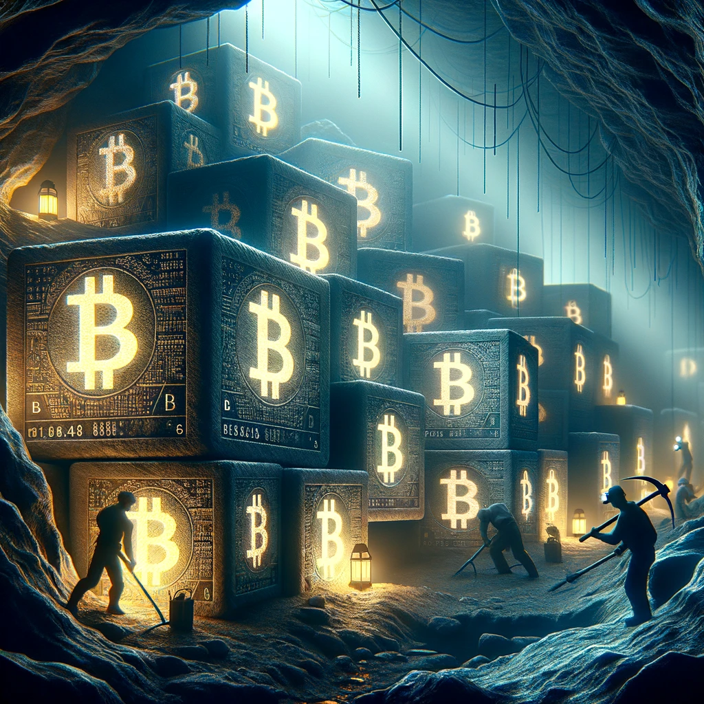 Ilustración de mineros de bitcoin encontrando bloques, 
Satoshi, blockchain de Bitcoin, bitcoin, web3, Pow, proof of work, hash, merkle. transacciones, bloques, minería, wallets, keys, lighting network